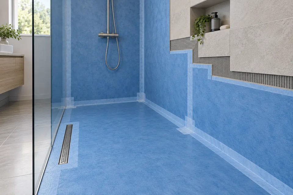 Illustratie van waterdichting onder het tegelwerk in een badkamer