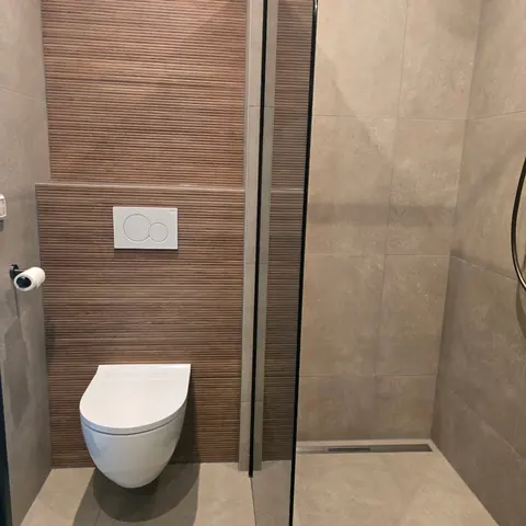 Toilet en inloopdouche met houtlook accentwand — toiletrenovatie in Nijmegen